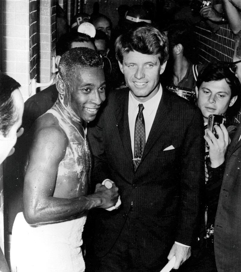 21 NOV 1965:  PELE SEEN SHAKING HANDS WITH ROBERT KENNEDY AT THE MARACANA AFTER BRAZIL HAD PLAYED THE USSR. Mandatory Credit: Allsport Hulton/Archive
