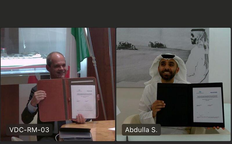 Giuseppe Giordo (left), general manager of Fincantieri naval vessels division, and Abdulla Abdul Aziz Al Shamsi, head of UAE new initiatives at Mubadala, during the signing of the agreement. Photo: Mubadala