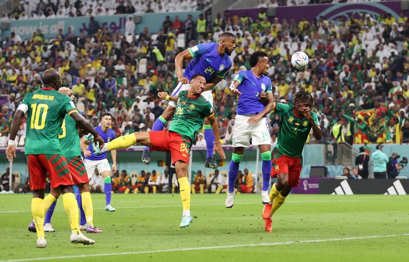 Bremer of Brazil heads the ball from Enzo Ebosse of Cameroon during the FIFA World Cup Qatar 2022 Group G match between Cameroon and Brazil at Lusail Stadium. Getty Images