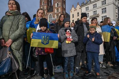 Ukrainians and Poles protest against the Russian aggression, in Krakow, Poland. Getty Images