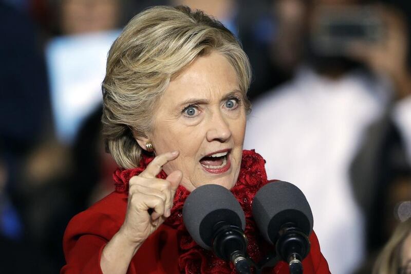 Democratic presidential candidate Hillary Clinton speaks during a campaign stop at the base of the John A. Roebling Suspension Bridge in Cincinnati. Matt Rourke / AP Photo