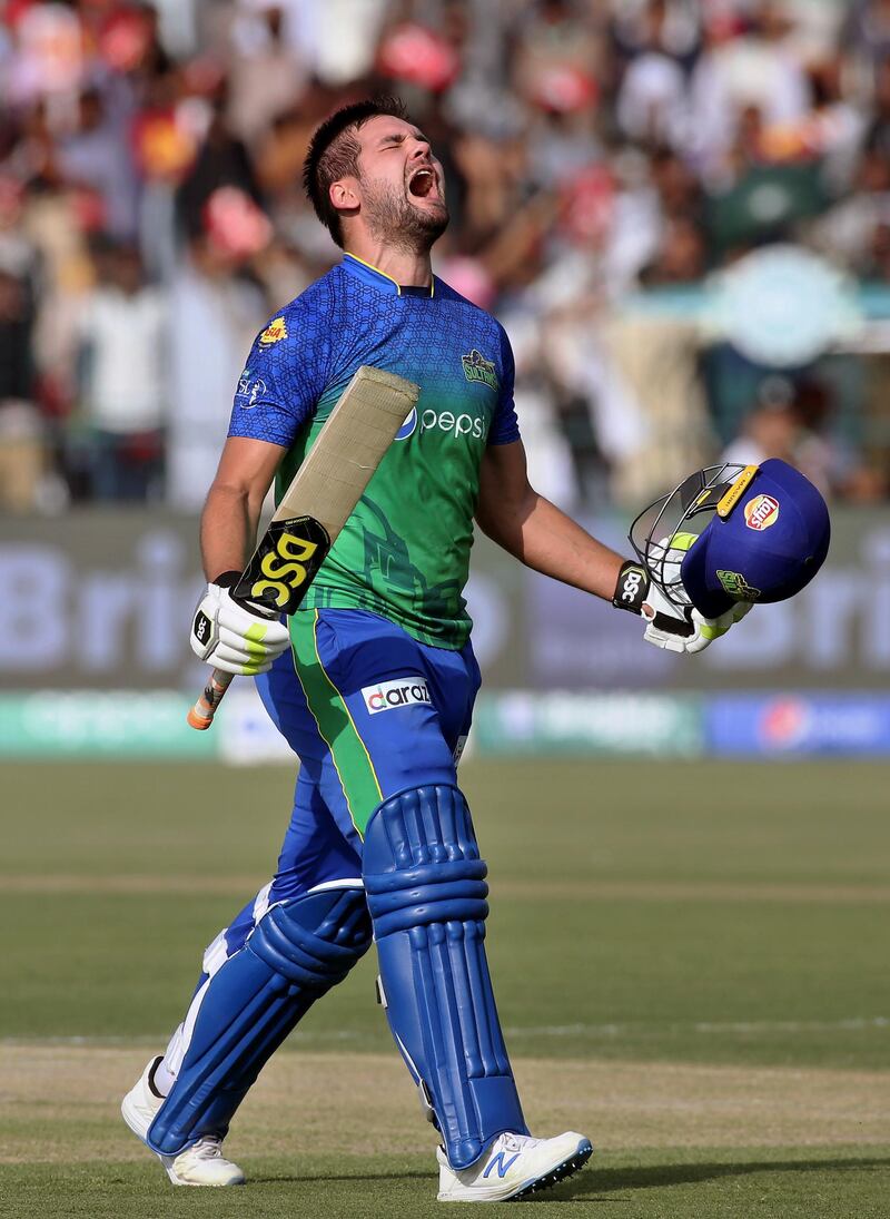 Multan Sultans' Rilee Rossouw reacts after completing his century against Quetta Gladiators during their Pakistan Super League match in Multan on Saturday. AP