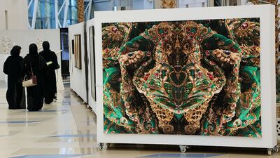 Dubai, 18, Sept,2017 :  Visitors take a look at the Artworks from various UAE Women Artists exhibited during the UAE Women in Art exhibition at the Zayed University in Dubai. Satish Kumar / For the National / Story by Nawal Al Ramahi