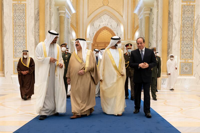 Sheikh Mohamed, King Hamad of Bahrain and Sheikh Mohammed attend an official reception for Abdel Fattah El Sisi, President of Egypt, at Qasr Al Watan in January. Photo: Presidential Court