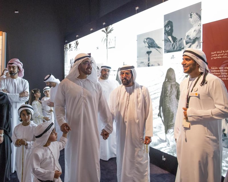 Sheikh Tahnoon bin Mohammed, Sheikh Mohammed bin Zayed and Sheikh Tahnoon bin Mohammed bin Tahnoon tour the Qasr Al Hosn exhibition. Ryan Carter / Crown Prince Court - Abu Dhabi 