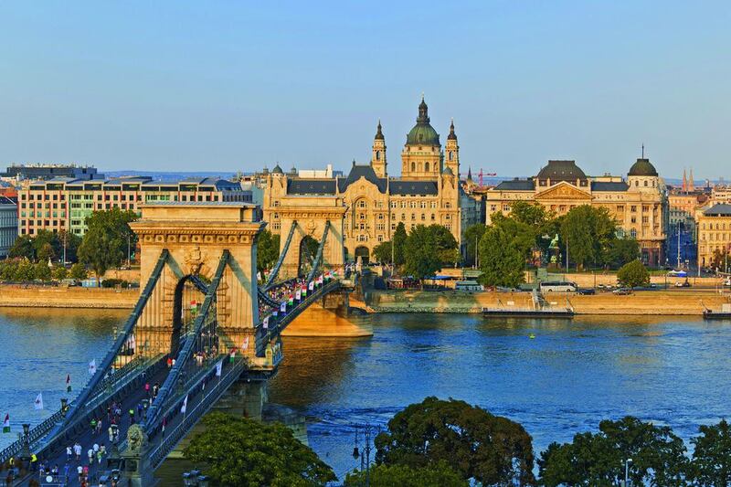 The Chain Bridge in Budapest, Hungary, which was built in 1849 as the city’s first permanent link across the Danube. The river divides the city into two halves: Buda on one bank and the bustling downtown Pest on the other. Rudy Sulgan / Corbis