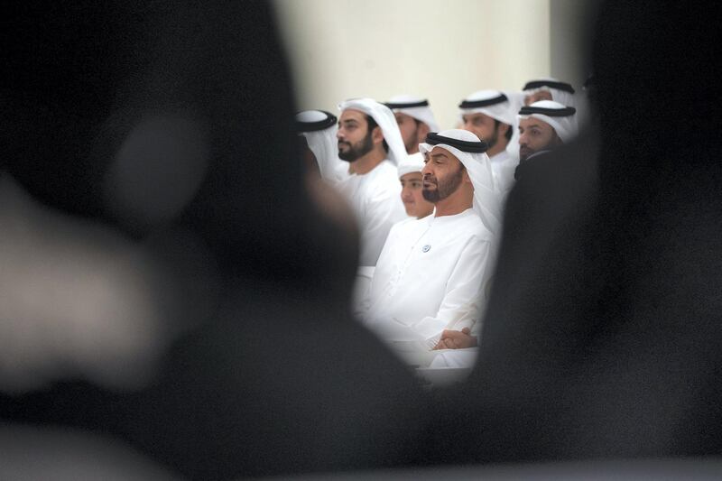 ABU DHABI, UNITED ARAB EMIRATES - May 21, 2018: HH Sheikh Mohamed bin Zayed Al Nahyan Crown Prince of Abu Dhabi Deputy Supreme Commander of the UAE Armed Forces (C), listens to a lecture by Omar Habtoor Al Darei titled "Reclaiming Religion In The Age of Extremism", at Majlis Mohamed bin Zayed. 

( Hamad Al Kaabi / Crown Prince Court - Abu Dhabi )
---