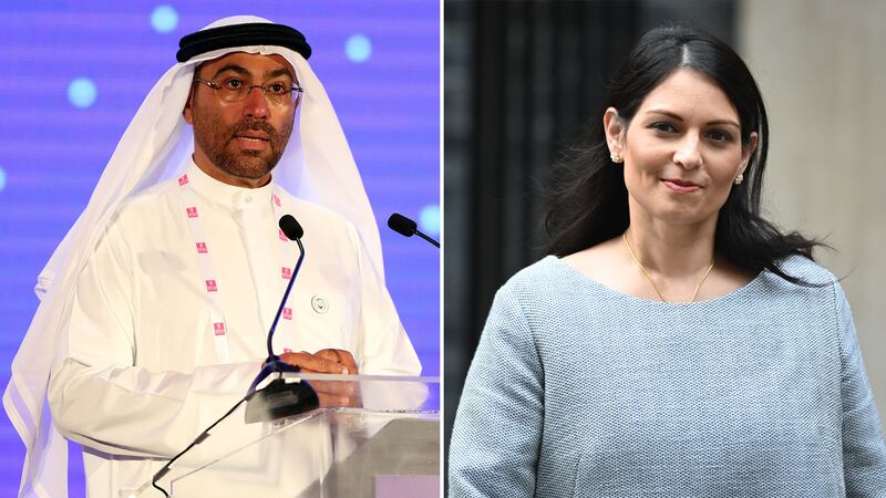 UAE Minister of State Ahmed Ali Al Sayegh and UK Home Secretary Priti Patel signed the agreement on Friday. Chris Whiteoak / The National / Getty Images