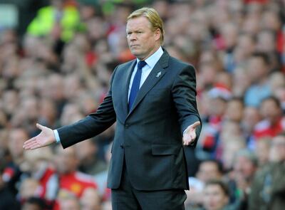 Everton manager Ronald Koeman gestures during the English Premier League soccer match between Manchester United and Everton at Old Trafford in Manchester, England, Sunday, Sept. 17, 2017. (AP Photo/Rui Vieira)