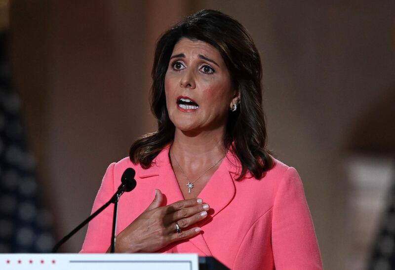 Former Ambassador to the United Nations Nikki Haley speaks during the first day of the Republican convention at the Mellon auditorium in Washington, DC. AFP