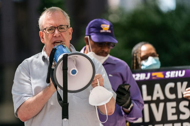 New York State Comptroller Scott Stringer speaks to support of Black Lives Matter and to mark the 30th anniversary of the Justice for Janitors movement near Rockefeller Center in New York City. Getty Images