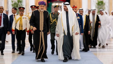President Sheikh Mohamed receives Sultan Haitham of Oman at Qasr Al Watan. UAE Presidential Court