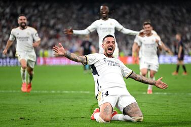 MADRID, SPAIN - MAY 08: Joselu of Real Madrid celebrates scoring his team's second goal during the UEFA Champions League semi-final second leg match between Real Madrid and FC Bayern München at Estadio Santiago Bernabeu on May 08, 2024 in Madrid, Spain. (Photo by David Ramos / Getty Images)