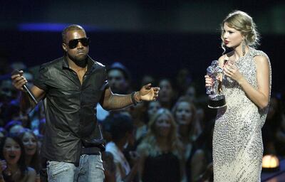 Kanye West interrupted Taylor Swift on stage during her VMA acceptance speech in 2009. AP / Jason DeCrow, File