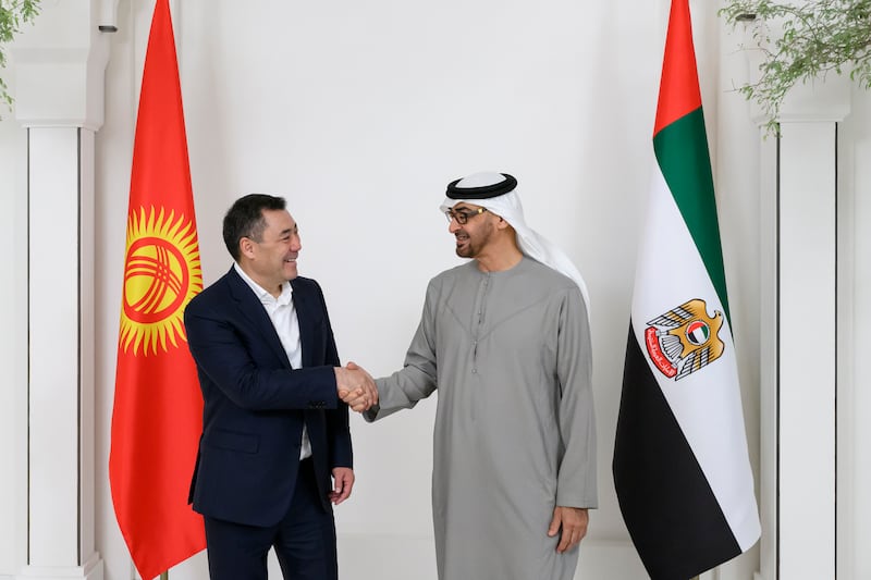 President Sheikh Mohamed receives Kyrgyzstan's President Sadyr Japarov at Al Shati Palace. All photos: UAE Presidential Court