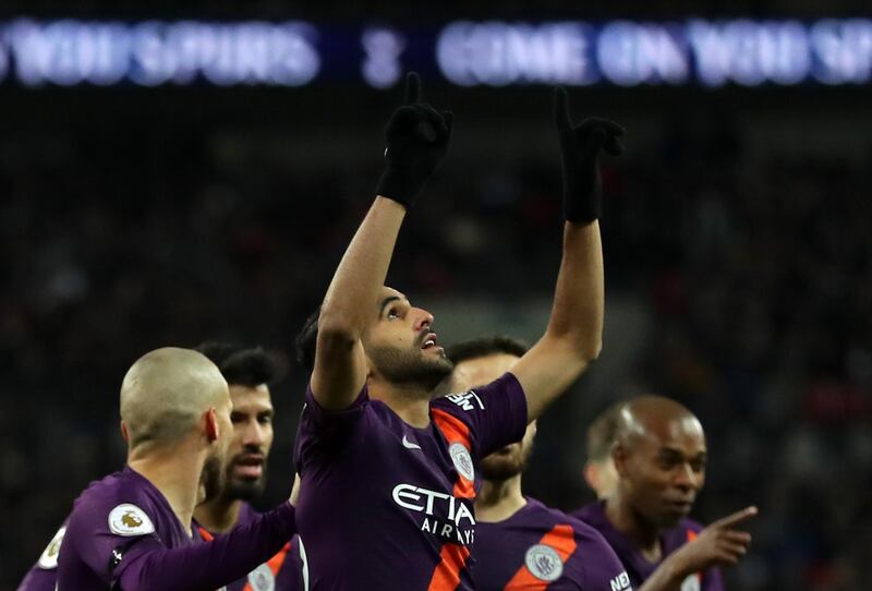 LONDON, ENGLAND - OCTOBER 29:  Riyad Mahrez of Manchester City celebrates after scoring his team's first goal during the Premier League match between Tottenham Hotspur and Manchester City at Wembley Stadium on October 29, 2018 in London, United Kingdom.  (Photo by Richard Heathcote/Getty Images)