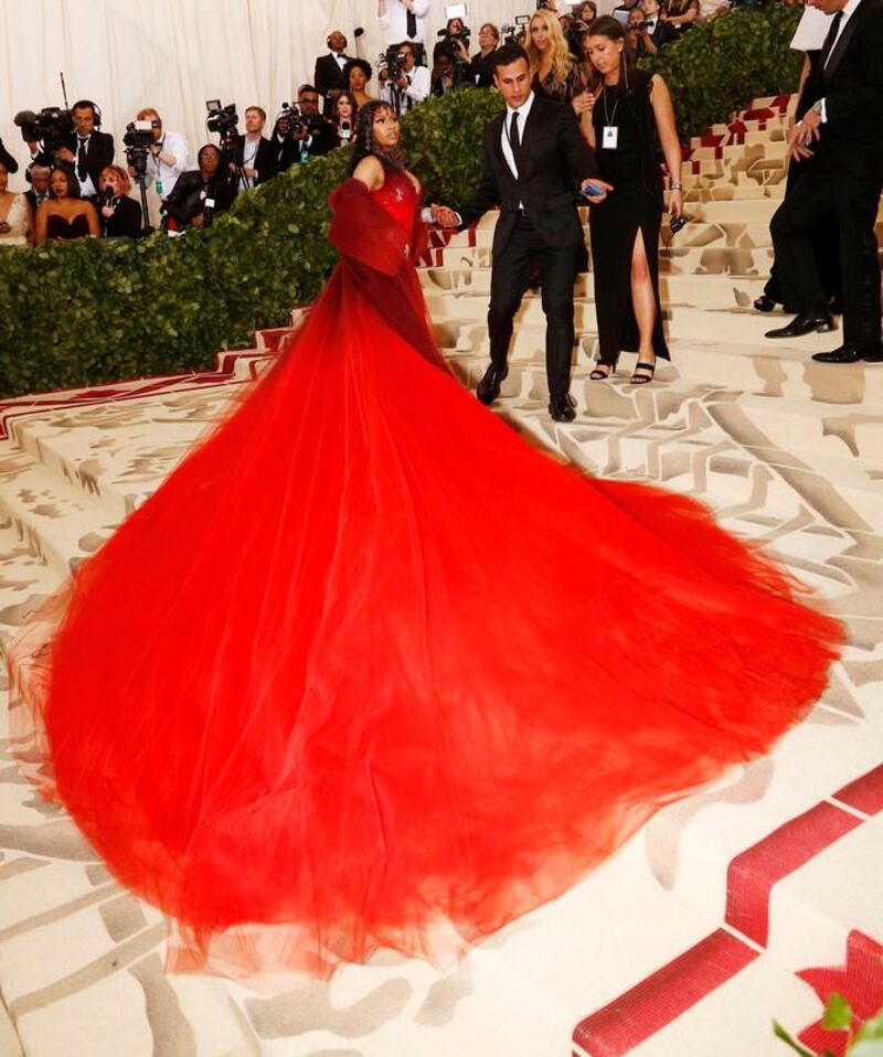 epa06718086 Nicki Minaj arrives on the red carpet for the Metropolitan Museum of Art Costume Institute's benefit celebrating the opening of the exhibit 'Heavenly Bodies: Fashion and the Catholic Imagination' in New York, New York, USA, 07 May 2018. The exhibit will be on view at the Metropolitan Museum of Art's Costume Institute from 10 May to 08 October 2018.  EPA-EFE/JUSTIN LANE
