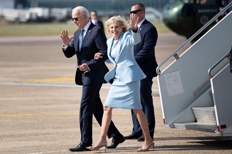 US President Joe Biden and US First Lady Jill Biden disembark from Airforce One at Heathrow, west of London. AFP