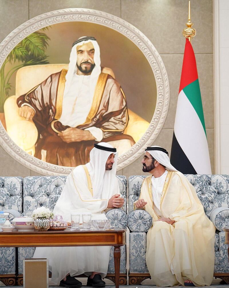 Sheikh Mohammed bin Rashid and Sheikh Mohamed bin Zayed meet in Abu Dhabi. Courtesy: Dubai Media Office