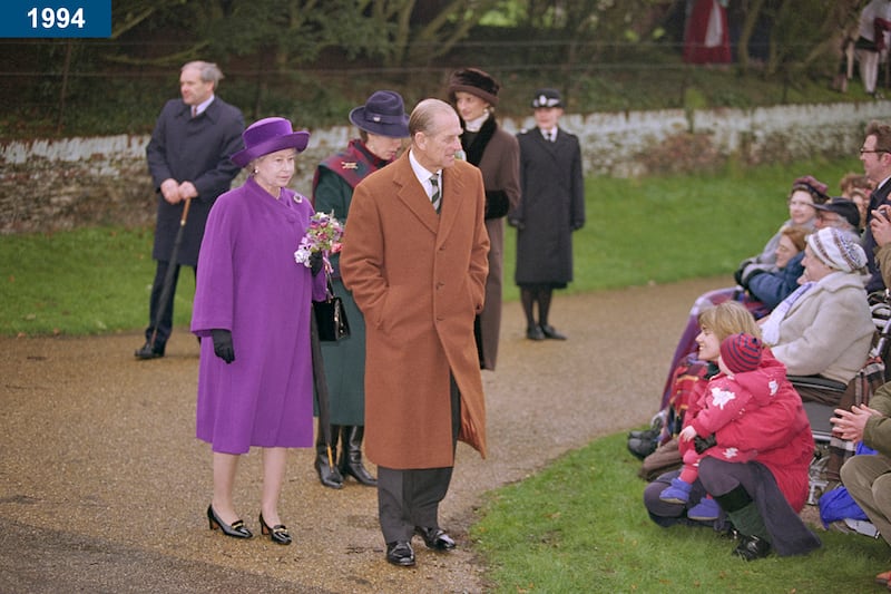 1994: The queen, Princess Anne, Prince Philip and Princess Diana greeting well-wishers as they attend the Christmas Day service at St Mary Magdalene Church on the Sandringham Estate in Norfolk.