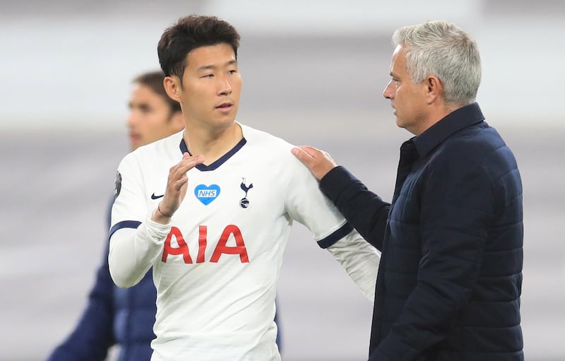 Tottenham manager Jose Mourinho and Son Heung-Min after the match. EPA