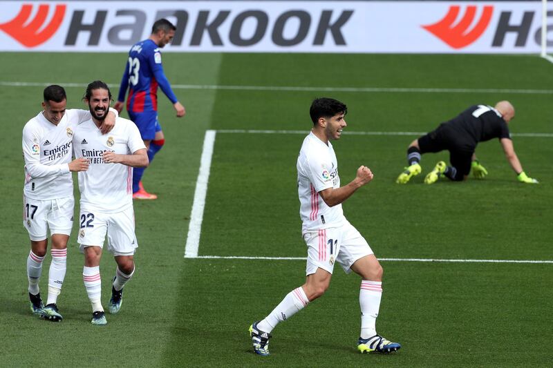 Real Madrid's Marco Asensio celebrates scoring the team's first goal. EPA