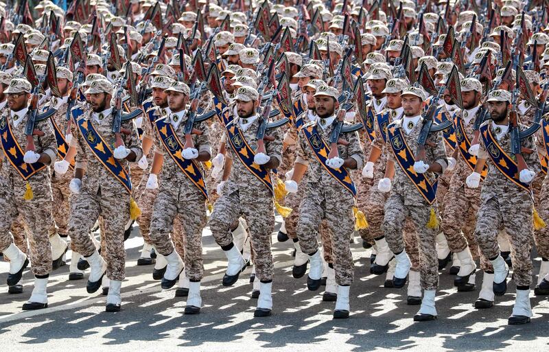 (FILES) In this file photo taken on September 22, 2018 members of Iran's Revolutionary Guards Corps (IRGC) march during the annual military parade marking the anniversary of the outbreak of the devastating 1980-1988 war with Saddam Hussein's Iraq, in the capital Tehran. The United States will designate Iran's Revolutionary Guards as a terrorist organization, an unprecedented move that would ramp up pressure on the elite force, The Wall Street Journal reported April 5, 2019. The newspaper, quoting unnamed officials, said President Donald Trump's administration would announce the long-mulled decision as soon as Monday and that concerned defense officials were bracing for the impact.
 / AFP / afp / STRINGER
