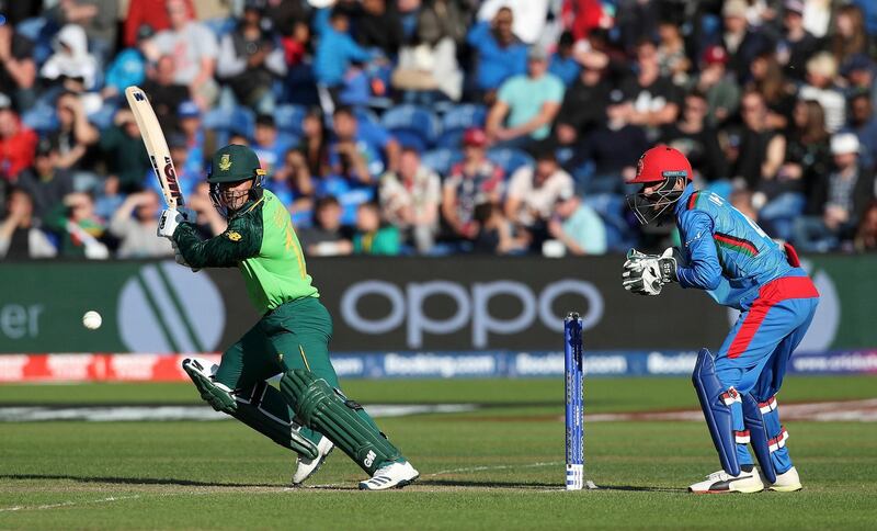 South Africa's Quinton de Kock in action against Afghanistan during the ICC Cricket World Cup group stage match at The Cardiff Wales Stadium in Cardiff, Wales, Saturday June 15, 2019.  (David Davies/PA via AP)