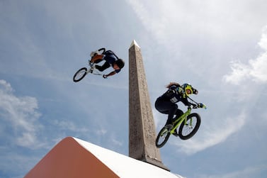 France's BMX team put on a show at Place de la Concorde, which has been turned into a giant Olympic park ahead of the Paris 2024 Olympics, in Paris, France June 23, 2019. REUTERS/Philippe Wojazer