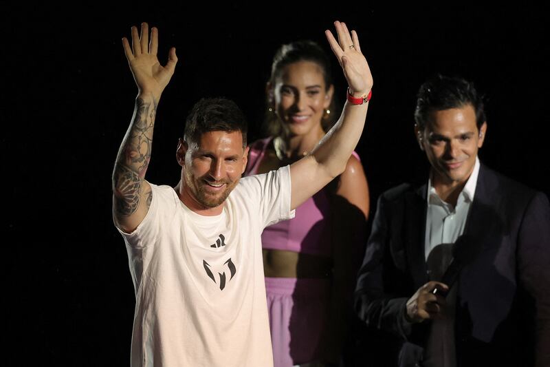 Lionel Messi waves to fans at the DRV PNK Stadium in Florida. AFP