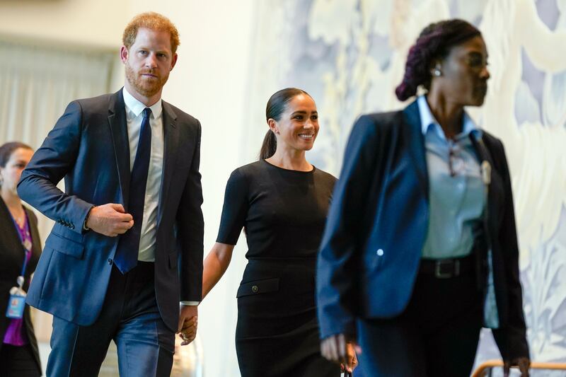 Prince Harry and his wife Meghan arrive at the United Nations headquarters in New York on Monday. AP