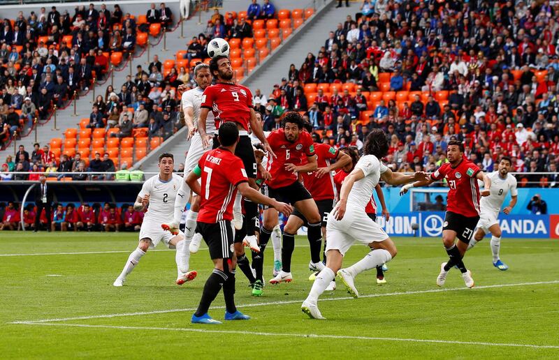 Soccer Football - World Cup - Group A - Egypt vs Uruguay - Ekaterinburg Arena, Yekaterinburg, Russia - June 15, 2018   General view of empty seats in the stand as Egypt's Marwan Mohsen wins a header against Uruguay's Martin Caceres    REUTERS/Jason Cairnduff