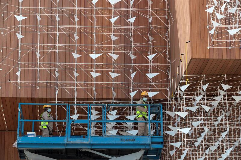 The Polish pavilion at the EXPO 2021 site nears completion. The pavilion has metal birds on the outside and inside that are partially installed along with a special wood panelled interior and exterior on May 2nd, 2021. 
Antonie Robertson / The National.
Reporter: Ramola Talwar for National