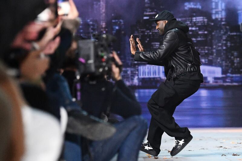 Abloh acknowledges the audience at the end of the Louis Vuitton men's autumn-winter 2019-2020 collection fashion show in Paris, in January 2019. AFP