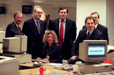 Labour leader Tony Blair, front right, with members of the shadow cabinet in January 1996. Labour launched a charm offensive on business described by the City of London as 'the prawn cocktail offensive'. PA