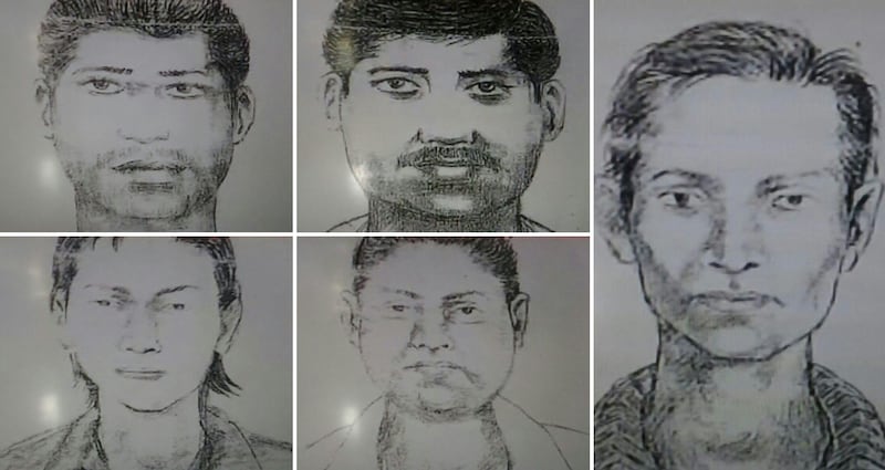 This combination image of five handout photographs released by the Mumbai Police on August 23, 2013 show composite sketches of the suspects involved in the gang rape of a photographer in Mumbai. Five men gang-raped a woman photographer in India's financial hub Mumbai, police said August 23, stirring memories of a similar incident eight months ago in New Delhi which triggered nationwide protests.  AFP PHOTO/MUMBAI POLICE  ---EDITORS NOTE---    HANDOUT RESTRICTED TO EDITORIAL USE - MANDATORY CREDIT "AFP PHOTO/MUMBAI POLICE" - NO MARKETING NO ADVERTISING CAMPAIGNS - DISTRIBUTED AS A SERVICE TO CLIENTS
 *** Local Caption ***  788388-01-08.jpg