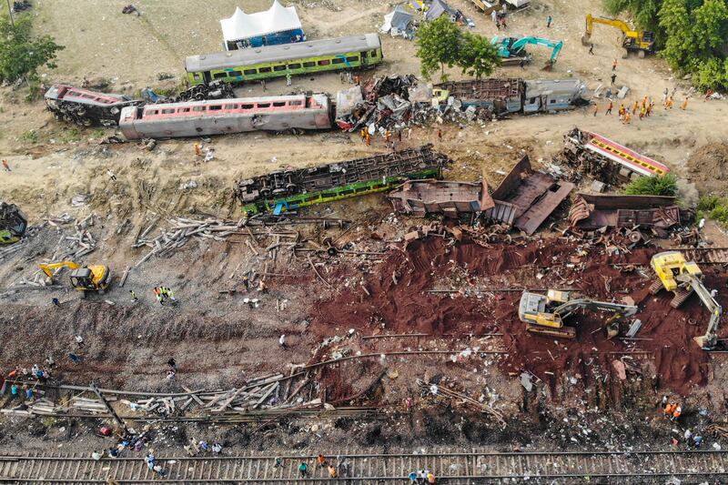 This aerial view shows damaged carriages at the accident site.  AFP