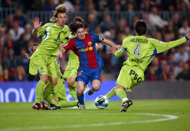 BARCELONA, SPAIN - APRIL 18: Leo Messi of FC Barcelona kicks his first goal during the match against Getafe, of Copa del Rey, on April 18, 2007, played at the Camp Nou stadium in Barcelona, Spain. (Photo by Bagu Blanco/Getty Images).