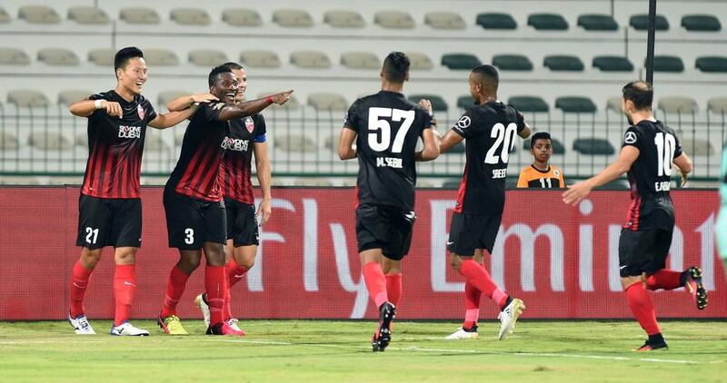 Asamoah Gyan, second left, of Al Ahli celebrates a goal during the Arabian Gulf Cup football match between Al Shabab and Al Ahli at Maktoum bin Rashid Al Maktoum Stadium, Dubai. 29 September 2016. Photo Courtesy: Arabian Gulf League 