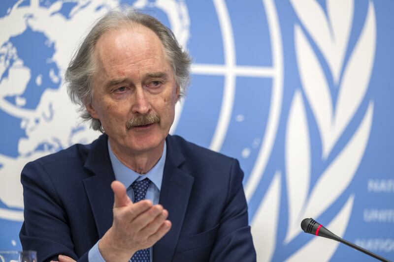 UN Special Envoy for Syria Geir Pedersen speaks during a press conference at the European headquarters of the UN in Geneva, Switzerland. EPA