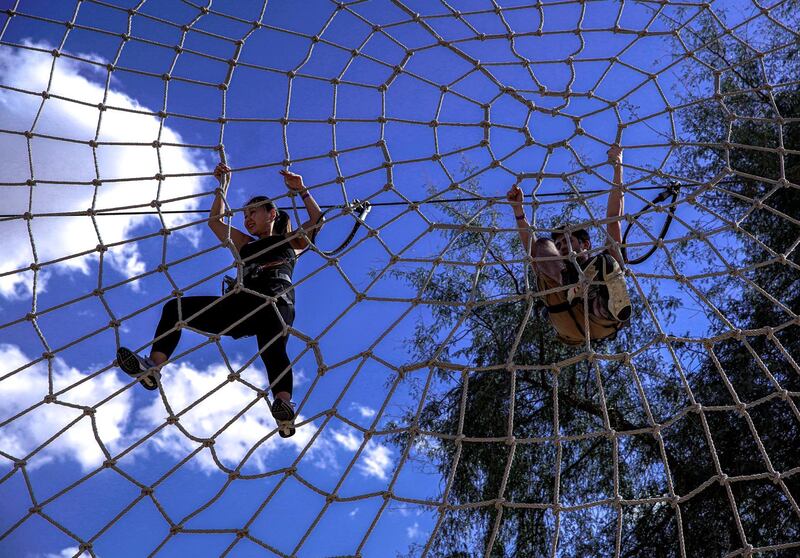 Dubai, United Arab Emirates, January 20, 2020. 
FOR:  standalone
-- Aventura guests on the spider web on the extreme circuit area.
Victor Besa / The National
Section:  BZ
Reporter:  David Dunn