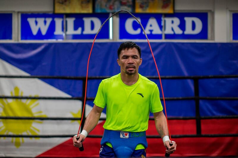 Manny Pacquiao skips rope during a training session at Wild Card Boxing in Los Angeles.