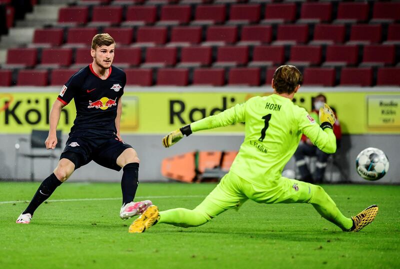 RB Leipzig's Timo Werner scores their third goal against FC Cologne. Reuters