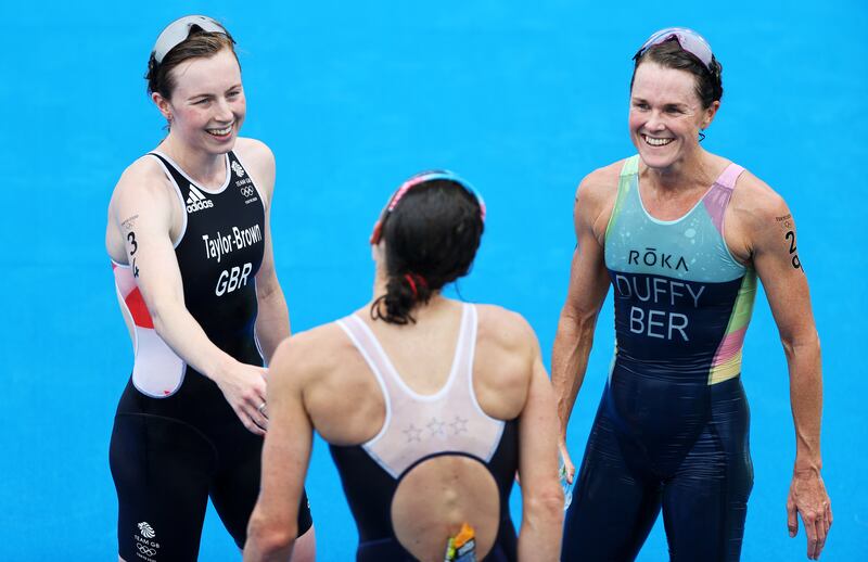 Georgia Taylor-Brown, left, and Flora Duffy, right, at the Tokyo 2020 Olympic Games. EPA