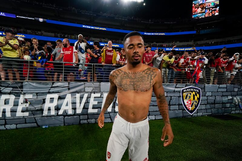 Gabriel Jesus with Arsenal fans after the friendly win over Everton in Baltimore. AP