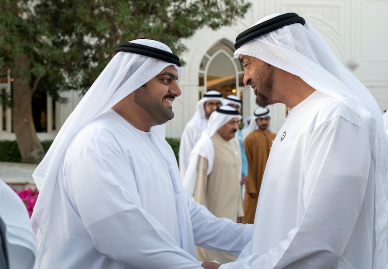 ABU DHABI, UNITED ARAB EMIRATES - February 05, 2019: HH Sheikh Mohamed bin Zayed Al Nahyan, Crown Prince of Abu Dhabi and Deputy Supreme Commander of the UAE Armed Forces (R) greets HH Sheikh Mohamed bin Hamad Al Sharqi, Crown Prince of Fujairah (L), during a Sea Palace barza.
( Ryan Carter / Ministry of Presidential Affairs )
---