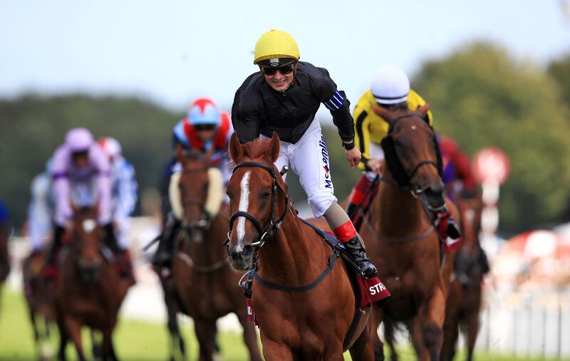 Stradivarius ridden by jockey Andrea Atzeni wins the Qatar Goodwood Cup Stakes during day one of the Qatar Goodwood Festival at Goodwood Racecourse. PRESS ASSOCIATION Photo. Picture date: Tuesday August 1, 2017. See PA story RACING Goodwood. Photo credit should read: John Walton/PA Wire