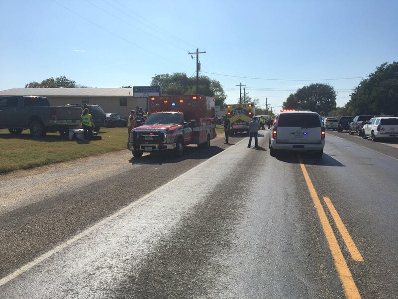 A police car and a medical vehicle are seen near the First Baptist Church in Sutherland Springs, U.S., November 5, 2017, in this picture obtained via social media. MAX MASSEY/ KSAT 12/via REUTERS THIS IMAGE HAS BEEN SUPPLIED BY A THIRD PARTY. MANDATORY CREDIT.NO RESALES. NO ARCHIVES