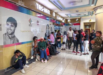Abu Dhabi, U.A.E., August 26 , 2018.  Visa violators who have been trying to take advantage of the amnesty outside the Tas-Heel Centre at Al Raha Mall.
 Victor Besa/The National
Section:  NA
Reporter:  Haneen Dajani