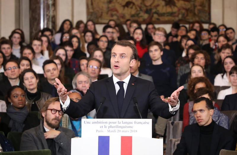 epa06616180 France's President Emmanuel Macron gives a speech to unveil his strategy to promote French as part of the International Francophonie Day before members of the French Academy (Academie Francaise) and other guests at the French Institute, in Paris, France, on 20 March 2018.  EPA/LUDOVIC MARIN / POOL MAXPPP OUT